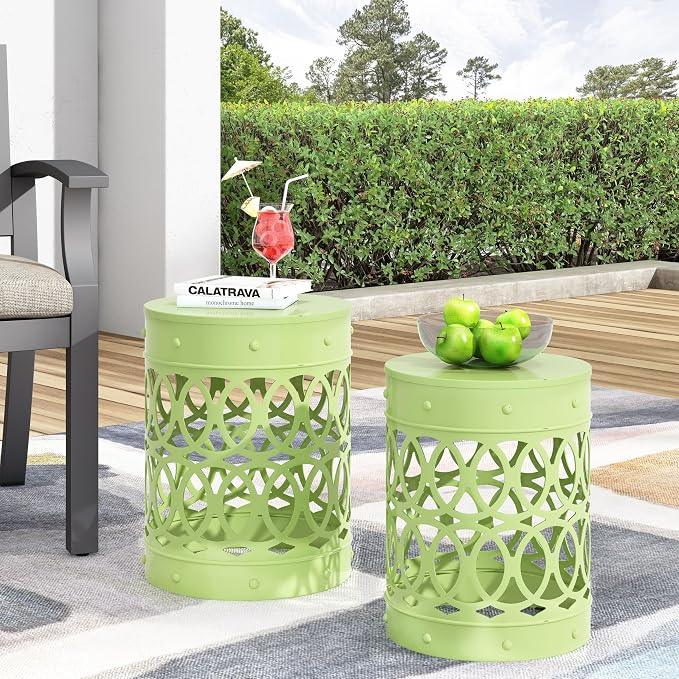 Set of 2 Round Metal Patio Side Tables Steel Accent End Tables with Geometric Circle Cut-Outs Weather Resistant Small Outdoor Furniture for Deck Pool Yard Balcony No Assembly,Green