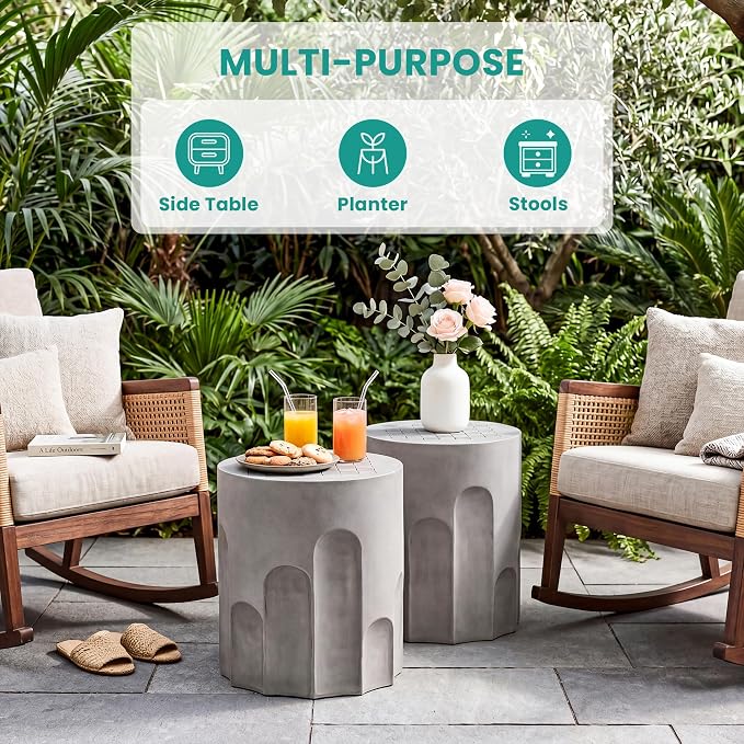 SUNBURY Outdoor Side Table w Chessboard, 15" W Concrete End Table, Patio Side Table Lightweight MgO, Round Accent Tables, Garden Stool Plant Stand for Yard, Front Porch, Grey