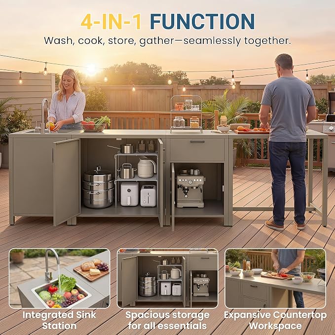 Wisteria Lane Outdoor Storage Cabinet with Stainless Steel Sink, Aluminum Modular Outdoor Kitchen, All Weather Kitchen Island with Storage, Drawers & Bar Table for BBQ, Porch, Backyard