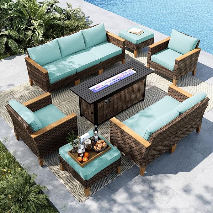MFSTUDIO 9 Piece Extra Large Wicker Patio Furniture Set with 56" Fire Pit Table, All-Weather PE Rattan Patio Sectional Sofa Conversation Set with 50000 BTU Fire Pit Table & Aqua Blue Cushion