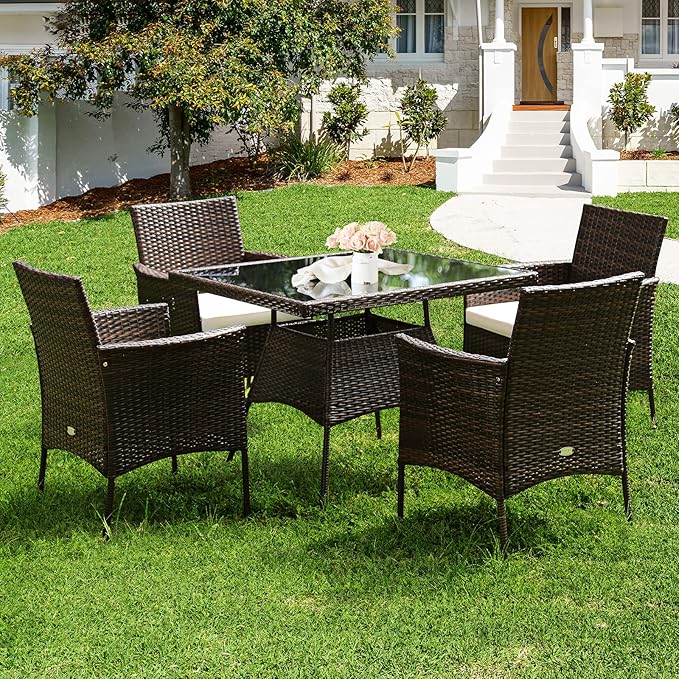 Tangkula 5 Pieces Wicker Patio Dining Set, Outdoor PE Rattan Chairs Table Set with 4 Seat Cushions, Patio Dining Furniture with Tempered Glass Tabletop, Suitable for Porch, Yard