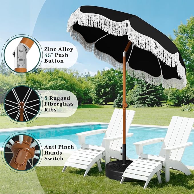 AreShark 7ft Patio Umbrella with Fringe, UPF50+ Beach Umbrella for Table, Pool & Garden, Portable Outdoor Tassels Umbrella w/Fiberglass Ribs&Push Bottom Tilt(Black)