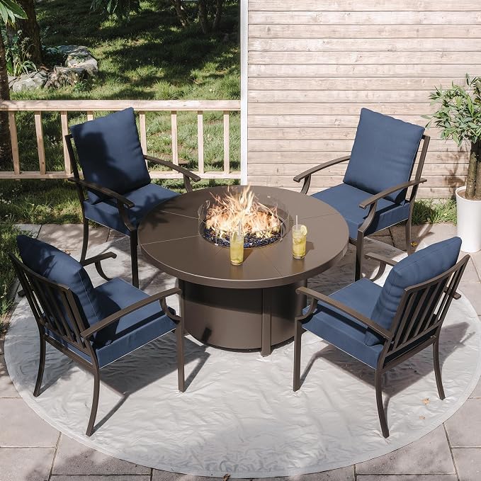 ALAULM 5-Piece Outdoor Dining Set for 4 Metal Outdoor Patio Furniture with 40000 BTU Round Fire Pit Table for Patio, Backyard, Garden-DarkBlue
