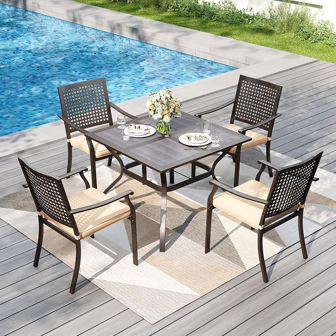 PHI VILLA Patio Table w/Umbrella Hole, Metal Table w/Mesh Top, Black | 37" wrought iron dining table for 4, weather resistant. Perfect for patio, deck, porch, backyard.