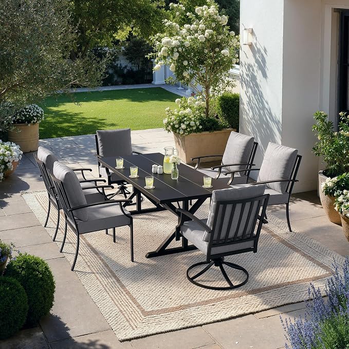 Kullavik 7 Pieces Outdoor Dining Set,Patio Dining Table and Chairs Set for 6,Fence Pattern Back Chairs with Thickened Cushions & X-Frame Metal Dining Table with Umbrella Hole for Patio,Grey
