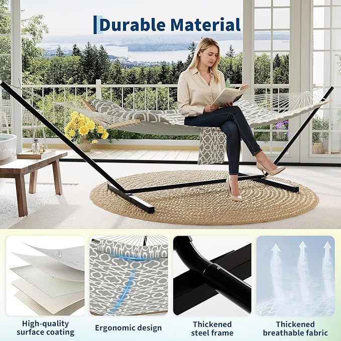 2 Person Double Hammock with Adjustable Steel Stand & Pillow, Heavy Duty Portable Outdoor Hammock Set, MAX 450 LBS Weight Capacity for Patio, Garden, Beach, Backyard
