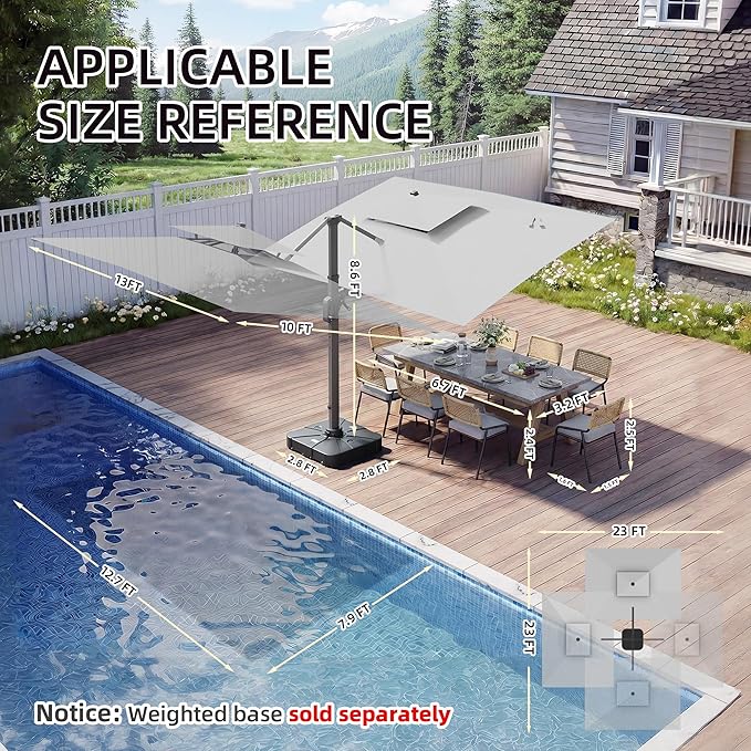 10 X 13 FT Cantilever Patio Umbrella with Led Lights Heavy Duty Windproof Double Top Large Rectangle Offset Umbrellas with 360-degree Rotation for Garden Pool Deck Backyard, Foggy Grey
