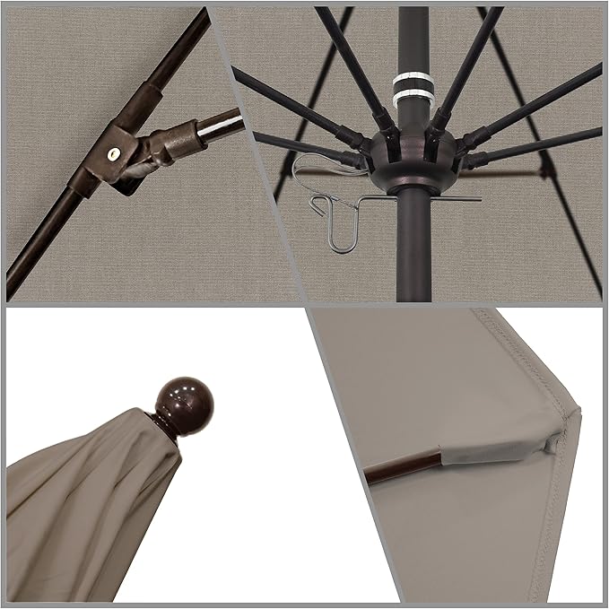 California Umbrella 9' Rd. Venture Series Contract Grade Patio Umbrella, Push Open Pin Stop, Bronze Finish, Sunbrella Taupe