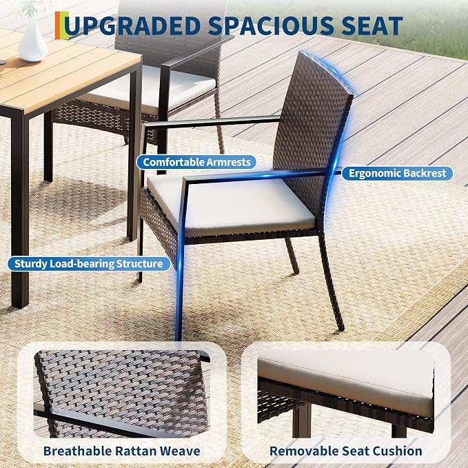 5 Piece Patio Dining Set, Wicker Outdoor Table and Chairs with Umbrella Hole ＆ Soft Cushion, Patio Furniture Set for Backyard, Garden, Poolside, Deck - Balck＆White