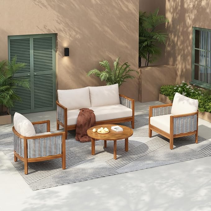Merax 4 Pieces Acacia Wood Patio Furniture Set, Outdoor Woven Rope Conversation Sets with 1 Loveseat, 2 Chairs and Round Table for Backyard, Porch, Garden, Deep Seating & Soft Cushions, Teak+Beige