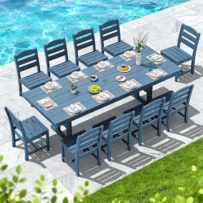 SERWALL Outdoor Armless Dining Chairs Set of 4, All-Weather HDPE Patio Chair with 19.7" Widened Seat, for Backyard, Garden, Blue