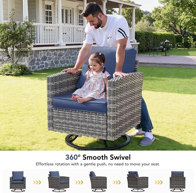 Patio Furniture Sets, 6 Pieces Patio Outdoor Sectional Furniture, Wicker Rattan Conversation Sofa with Swivel Chair, Ottomans, Side Table, 4" Thick Cushion, for Porches Balconies, Navy Blue