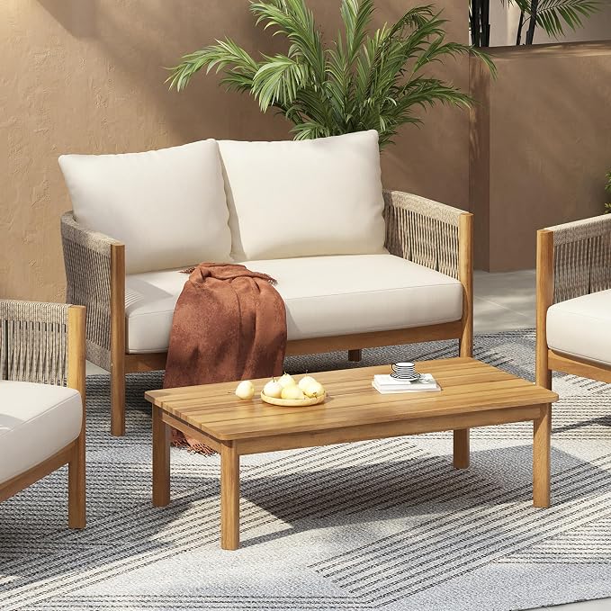 Christopher Knight Home Havets 2 Pieces Conversation Set, Acacia Wood Loveseat and Coffee Table Set, Woven Rope Armchair, Slats Panel End Table, 6" Thick Cushion Couch for Backyard Garden, Teak+Beige