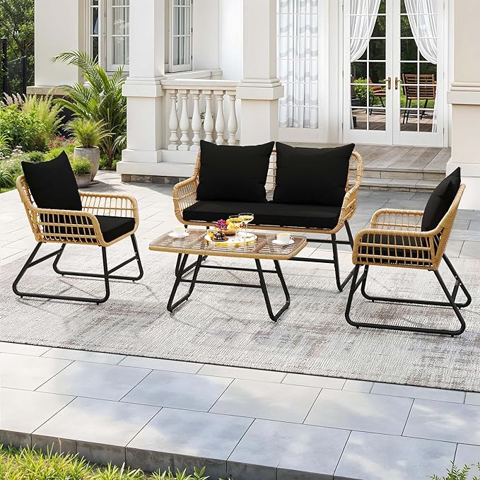 YITAHOME 4-Piece Patio Furniture Wicker Outdoor Bistro Set, All-Weather Rattan Conversation Loveseat Chairs for Backyard, Balcony and Deck with Soft Cushions and Metal Table, Light Brown+Black