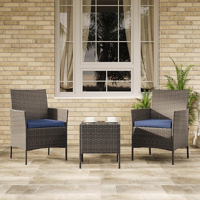 3-Piece Outdoor Furniture Set, PE Rattan Wicker Chairs with Soft Cushions & Tempered Glass Coffee Table - All-Weather Patio Set for Garden, Backyard, Porch, Poolside (Brown/Navy Blue)