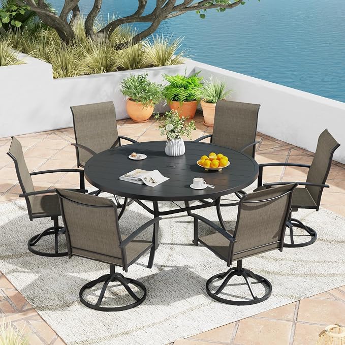 7 Pieces Outdoor Patio Dining Table Set, 53" All Weather Round Metal Table with Umbrella Hole and 6 High Back Textilene Swivel Chairs for Garden, Lawn, Poolside, Black Table & Brown Chairs