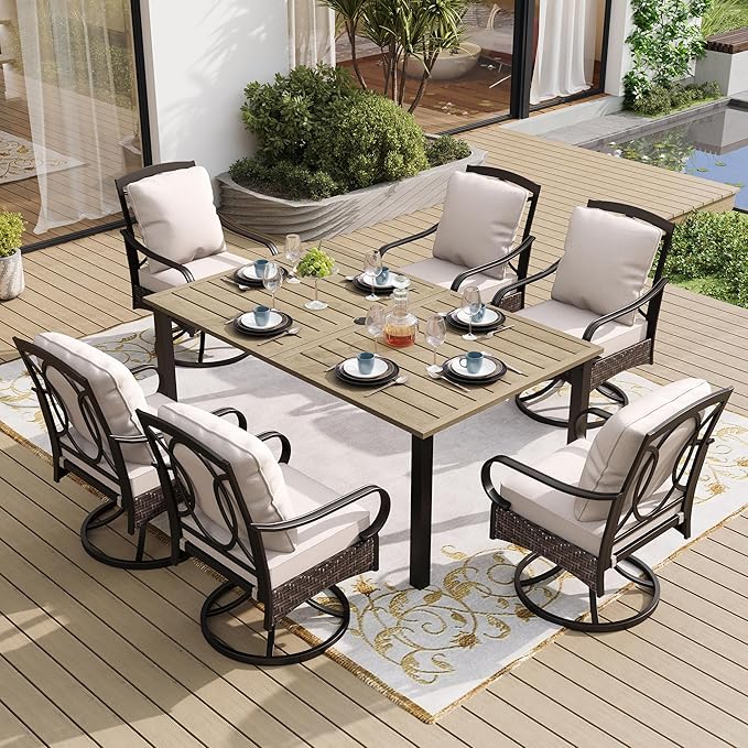 SUNSHINE VALLEY 7 Piece Patio Dining Sets for 6, Outdoor Table and Chairs with Cushioned Wicker Swivel Patio Chairs & Wood-Like Dining Table (1.61-2”Umbrella Hole), Outdoor Dining Sets for Backyard