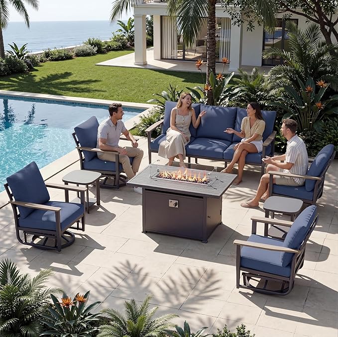 7-Seat Outdoor Patio Furniture Set with Rocking Swivel Chairs, Aluminum Sectional Sofa Patio Conversation Set with 55,000 BTU Fire Pit Table & High Backrest & Thickened Cushions, Navy Blue