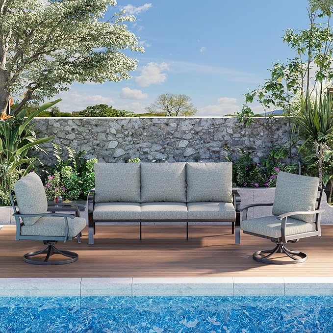 HOMREST Outdoor Furniture Thickened Cushion 360 Degree Swivel Rocking Patio Chairs and 3-Seat Sofa, Loveseat, Coffee Table, 5 PCS Metal Conversation Set for Garden, Deck and Poolside