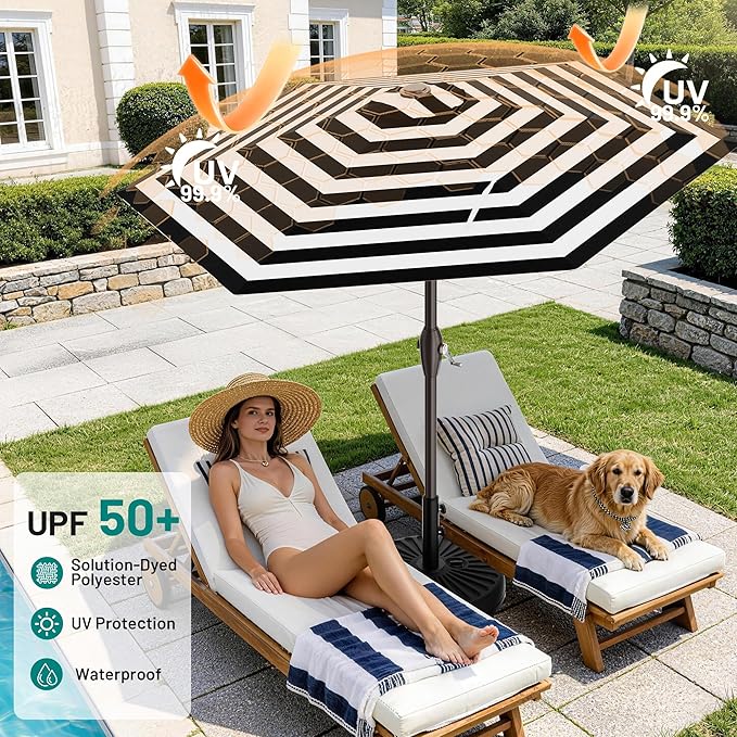AreShark 7.5FT Patio Umbrella Table Market Umbrella w/Tilt and Crank, Heavy-Duty Outdoor Umbrellas for Pool, Deck, Garden and Backyard, Black & White Stripe