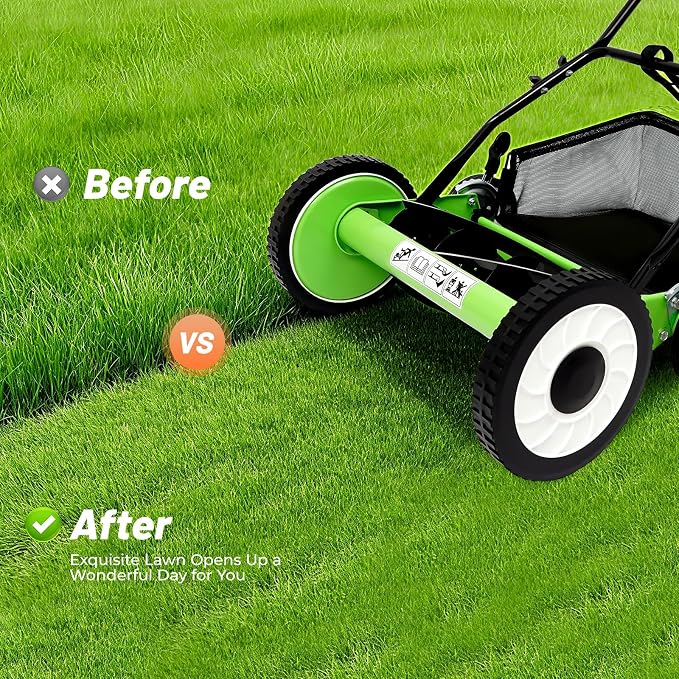 Push Reel Lawn Mower 16 inch, 5 Blades Manual Push Mower No Motor, 1.34-2.52in Adjustable Cutting Height, Walk-Behind Lawn Mowers with Grass Catcher Bag for Green Lawns, Driveways, Courtyards