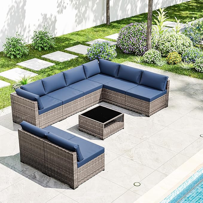 Joyside 9-Piece Patio Furniture Set, Rattan Outdoor Sectional Wicker Patio Conversation Set with Cushions and Coffee Table