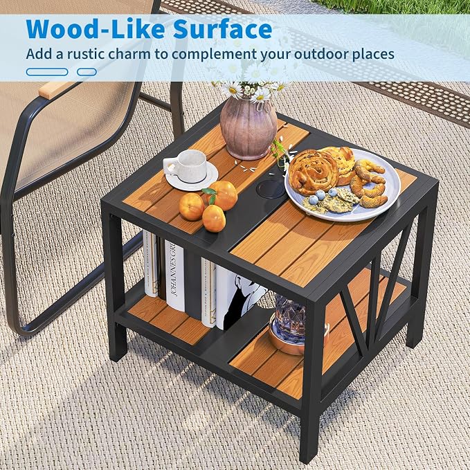 Tangkula Outdoor Side Table with 1.57” Umbrella Hole, 2-Tier Patio Metal End Table with Storage Shelf, Small Bistro Coffee Table for Porch, Balcony, Garden and Backyard (2)