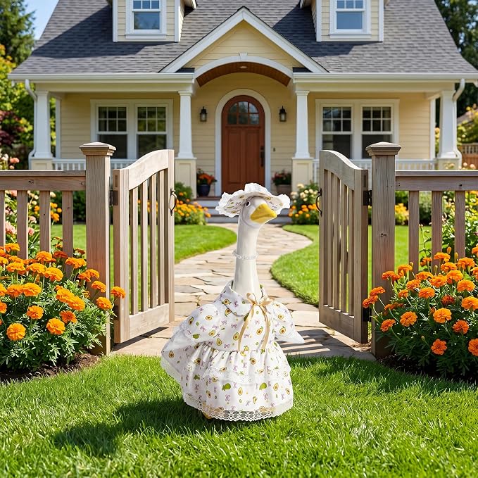 Porch Goose Outfit Flower with Pearl Necklace and Sunflower Hat for 23" Large Statue,Porch Goose Clothes for Outdoor Patio Yard Garden Holiday Decor
