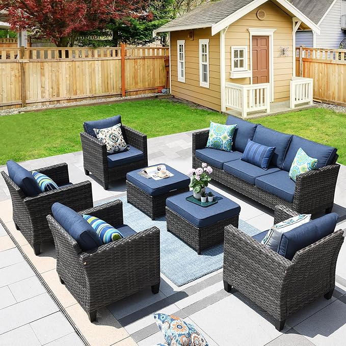 HOOOWOOO Wicker Patio Conversation Sets,7 Piece Outdoor Furniture Set with Ottoman,All Weather Resistant Modern Outside Out Door Rattan Couch Chairs Set,Denim Blue