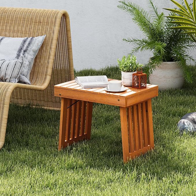 HAPPYGRILL Outdoor Folding Side Table, Foldable Patio Acacia Wood End Table with Slatted Tabletop & Leg Frame, Small Outside Table for Backyard Poolside Porch (Teak Finish)