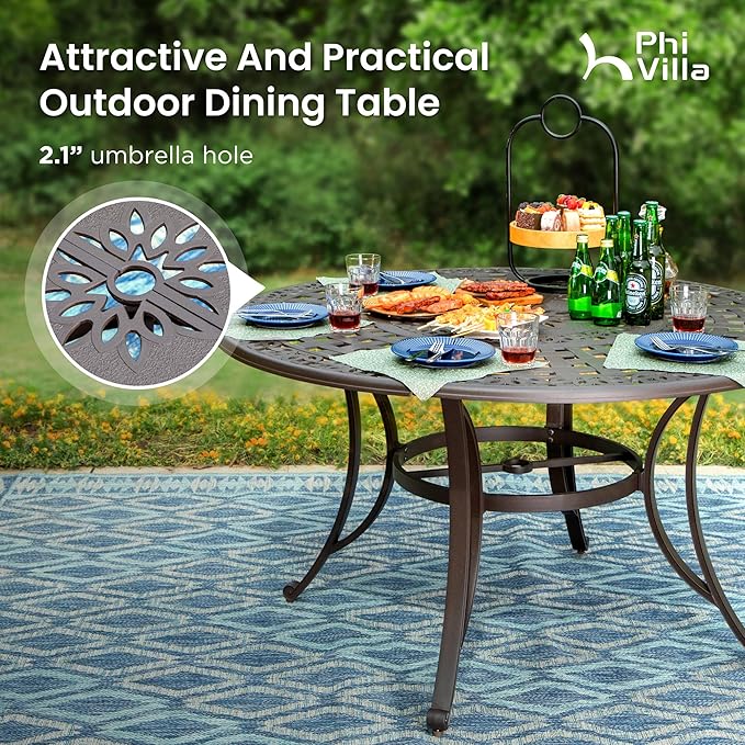 PHI VILLA 7 Pieces Outdoor Cast Aluminium Dining Set for 6, 54" Round Patio Table with Umbrella Hole & Heavy-Duty Chairs with Cushions, Large Outside Furniture Set for Deck, Porch, Backyard - Brown
