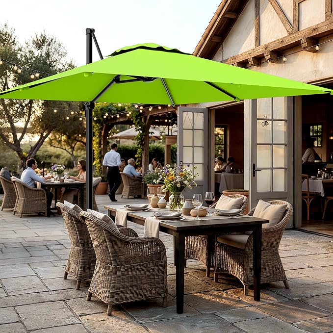 AreShark 9 × 9FT Square Cantilever Patio Umbrella with Base Included, 360° Rotation Offset Outdoor Umbrella, 5 Tilt Settings Heavy Duty Hanging Parasol for Deck Garden Pool, Apple Green