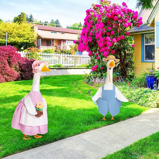 FuWeave 2 Set Porch Goose Outfit Spring Gardener Goose Clothes with Small Flower Pot for 23" Cement Outdoor Patio Yard Decor(Gardener)