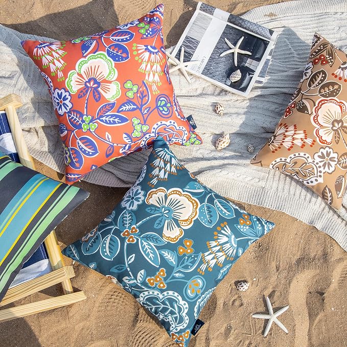 Phantoscope Pack of 2 Outdoor Indoor Throw Decorative Pillow Cover Floral Striped Waterproof Patio Pillows Cushion Case for Couch Tent Park, Dark Blue 20 x 20 Inches