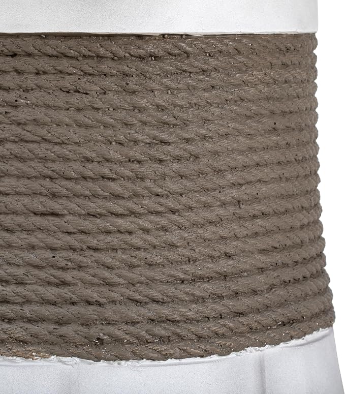 Round Outdoor Side Table MGO Concrete End Table with Brown Woven Rope Decor & Fan-Shaped Base, Fully Assembled Patio Accent Table for Balcony, Living Room, Garden, Light Gray