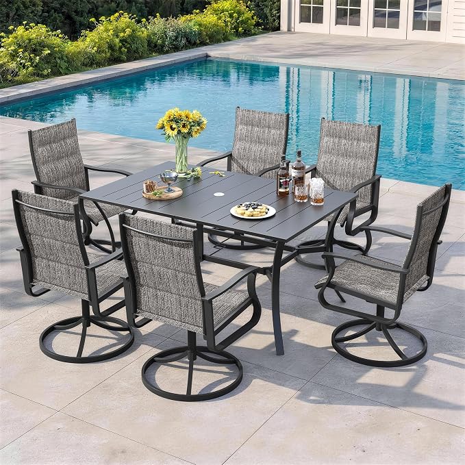 7 Pieces Patio Dining Set, Padded Patio Outdoor Furniture Set of 6 Patio Swivel Dining Chairs and Patio Spliced Rectangular Tabletop with Umbrella Hole, for Deck, Backyard, Poolside & Garden