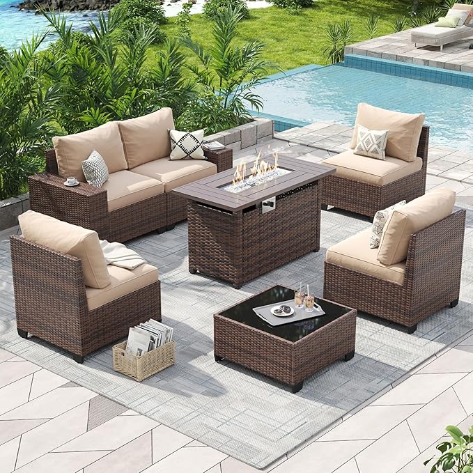 Aoxun Outdoor Patio Furniture Set with 44'' Fire Pit Table, 7 Pcs Outdoor Patio Furniture Sets with 4in Thicken Cushion, Widen Armrests Wicker Outdoor Sectional for Backyard (Waterproof Cover Include)