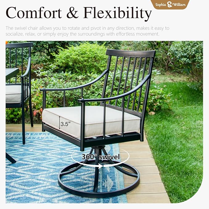Sophia and William Patio Dining Set, for 4, Swivel Chairs | E-Coated and Steel, Square Table, Swivel Chirs, 1.57 umbrella hole, Weather-Resistant, Easy to Clean