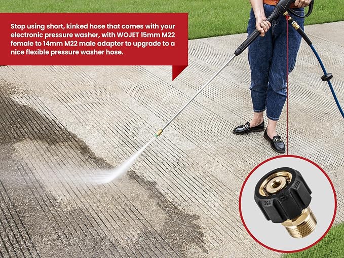 WOJET Pressure Washer Adapter, M22 15mm Female Thread to M22 14mm Male Fitting, 5000 PSI Power Washer Hose Coupler, Connect M22 14mm Quick Connect to Power Washer or Accessories with 15mm Outlet/Inlet