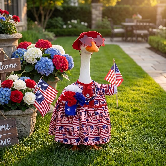 Abbylike 4th of July Porch Goose Outfit Fit 23" Plastic & Cement Statue American Flag Goose Skirt Clothes for Patriotic 250th Anniversary Independence Day Outdoor Garden Yard Patio Lawn Decor