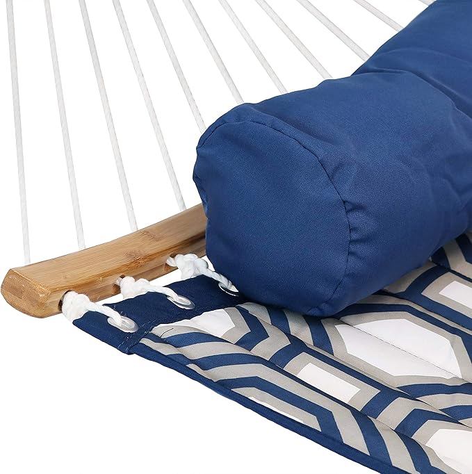 Sunnydaze Curved Spreader Bar Quilted Hammock with Blue Universal Steel Stand - 450-Pound Capacity - Gray and Blue Octagon