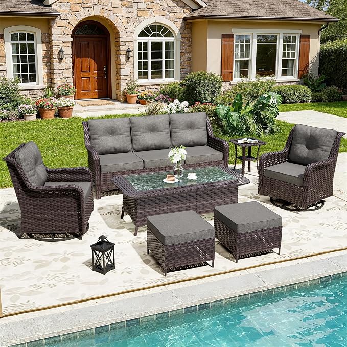 7-Piece Patio Furniture Set,Outdoor Conversation Sets w/Glass Table&High Back Wicker Swivel Rocker Chairs,All-Weather Wicker Sectional Sofa for Deck,Yard and Poolside,Grey