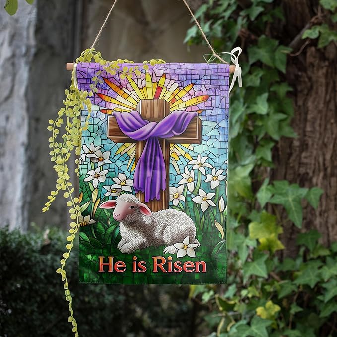Christian Easter Garden Flags for Outside 28x40 Double Sided He Is Risen House Flag Religious Easter Lamb Decor Stained Glass Cross Flag Lily Spring Outdoor Flag Large