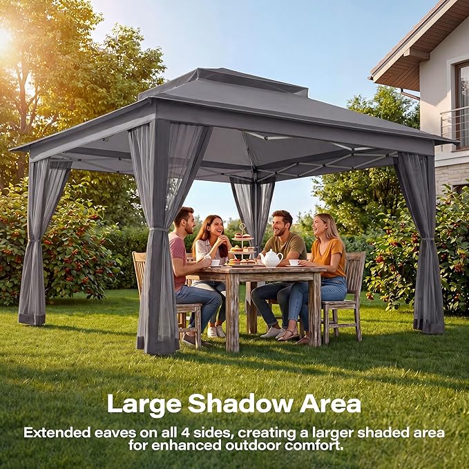 LAUSAINT HOME 11x11 Pop Up Gazebo Canopy Tent with Mosquito Netting, Instant One-Push Setup, Adjustable Height Outdoor Canopy Shelter with Carry Bag for Patio, Backyard, Camping, Parties & BBQs, Gray