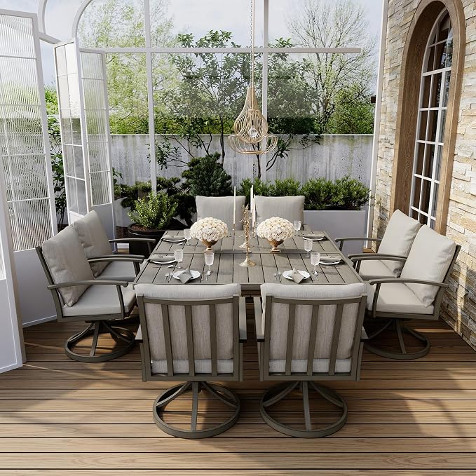 HAPPATIO Patio Dining Set, Aluminum Outdoor Dining Set for 8, 59" Large Square Dining Table with Umbrella Hole and 8 Swivel Chairs, Outdoor Table and Chairs for Lawn Yard Patio