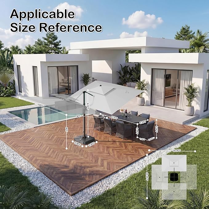 9x12 FT Patio Umbrella with Weighted Base and LED Lights Cantilever Outdoor Large Heavy Duty Rectangle Aluminum Offset Umbrellas Double Top 360 Rotation for Pool Deck Garden, Fog grey
