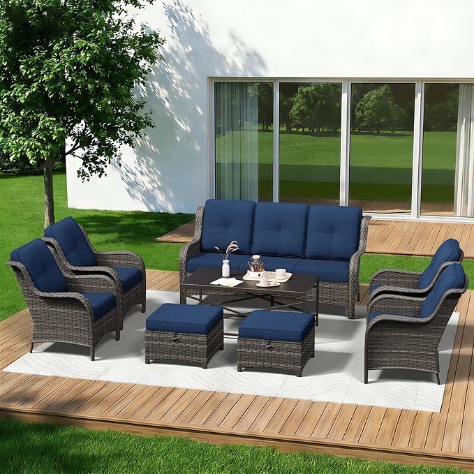 8 Piece Outdoor Wicker Patio Furniture Set, Patio Chairs Set with Thickened Olefin Cushions, High Back and Deep Seating, Hand-Woven PE Rattan, Ottoman for Porch, Deck