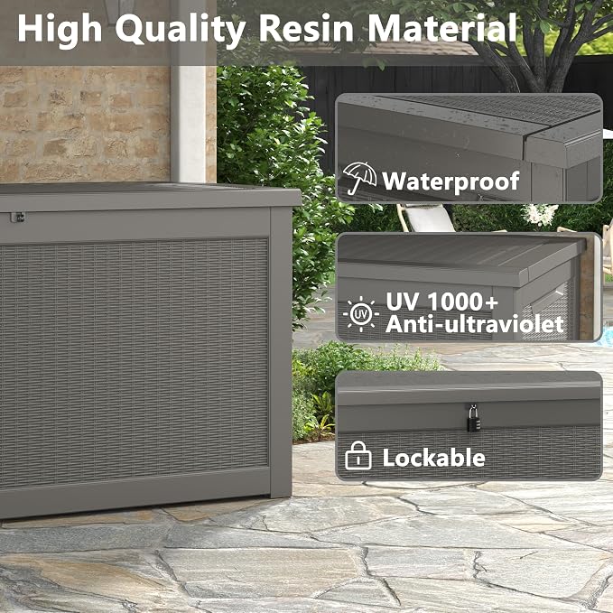 Bifanuo Outdoor Storage Box, 300 Gallon Deck Boxes Waterproof, Resin Storage Cabinet Multi Functional Storage Bench For Gardening Tools, Pool Supplies, Patio Furniture, Lockable