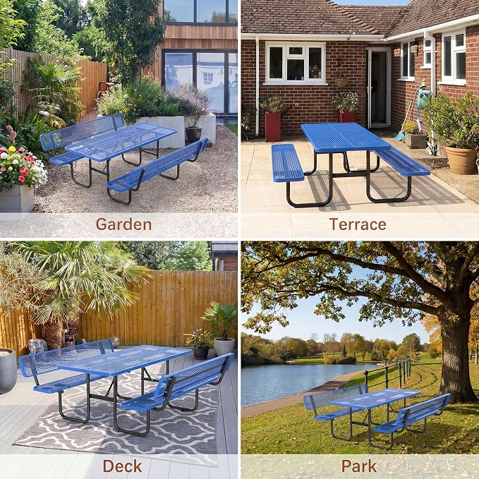 72" Rectangular Metal Picnic Table with Backrest, Commercial Steel Picnic Tables with 1.73" Umbrella Hole, Heavy Duty Picnic Tables for Outdoor Garden Courtyard BBQ, Blue