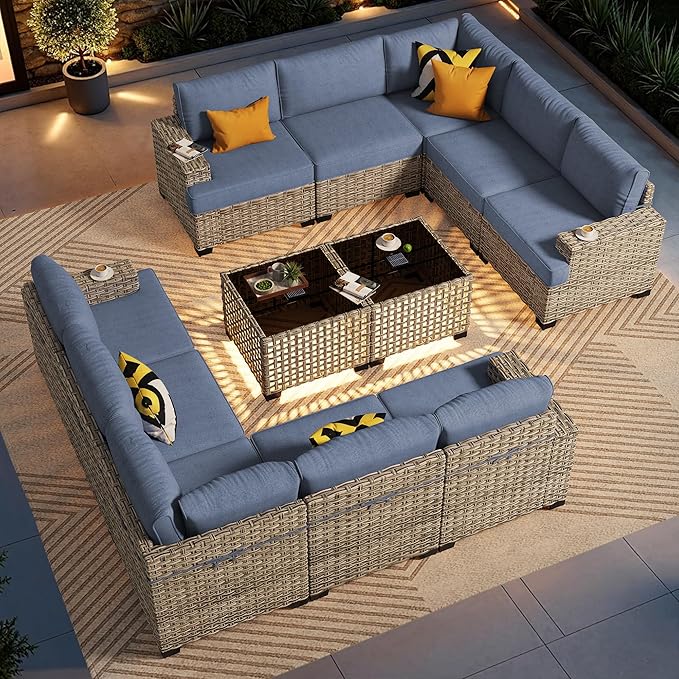 Patio Furniture Sets 12 Pieces Outdoor Sectional Rattan Sofa Manual Weaving Wicker Patio Conversation Set with Ottomans and T Cushion(Light Blue)